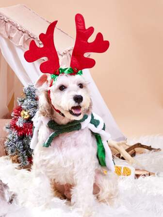 ABLAZE ZAI 1 pieza Diadema ajustable con lazo de felpa roja y cuernos, adecuada para disfraces navideños de gatos y perros