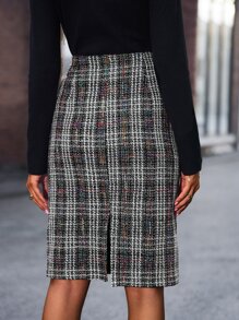 SHEIN Clasi Plaid Split Back Tweed Straight Skirt - Multicolor - View 2