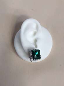 水鑽方形裝飾夾式耳環 - 綠色 - 查看 3