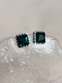 水鑽方形裝飾夾式耳環 - 綠色 - 查看 4