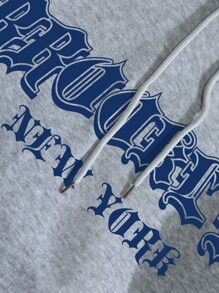 INAWLY Letter Graphic Kangaroo Pocket Drawstring Thermal Hoodie - Light Grey - View 8