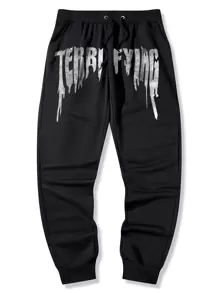 ROMWE MEN Street Life Quần thể thao Nam Dây kéo Thắt nơ trước Lá thư - màu đen - Xem 1