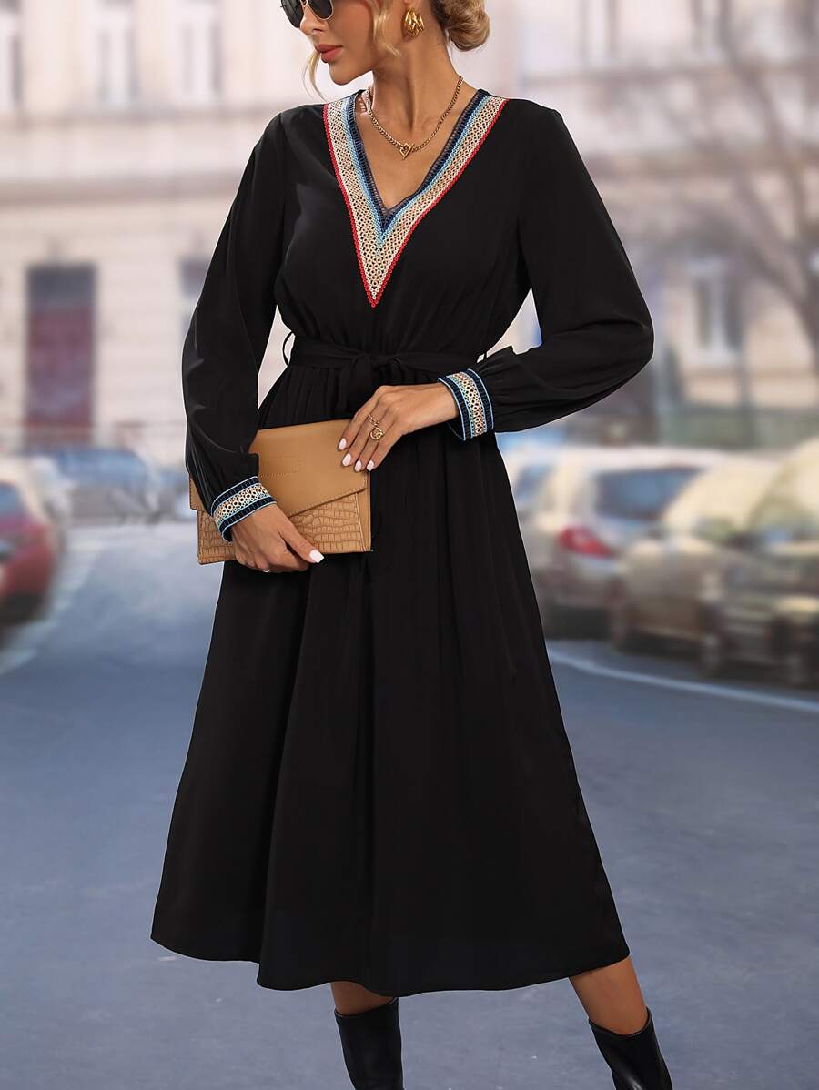 SHEIN LUNE Đầm Ruy băng màu trơn Giải trí - màu đen - Xem 1