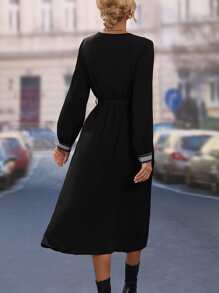 SHEIN LUNE Đầm Ruy băng màu trơn Giải trí - màu đen - Xem 2