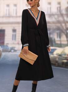 SHEIN LUNE Đầm Ruy băng màu trơn Giải trí - màu đen - Xem 5