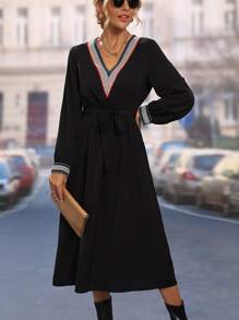 SHEIN LUNE Đầm Ruy băng màu trơn Giải trí - màu đen - Xem 6