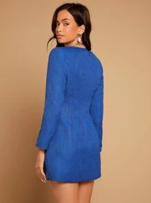 SHEIN Privé Single Breasted Tweed Overcoat Without Chain - Blue - View 3