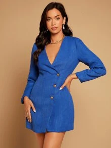 SHEIN Privé Single Breasted Tweed Overcoat Without Chain - Blue - View 6