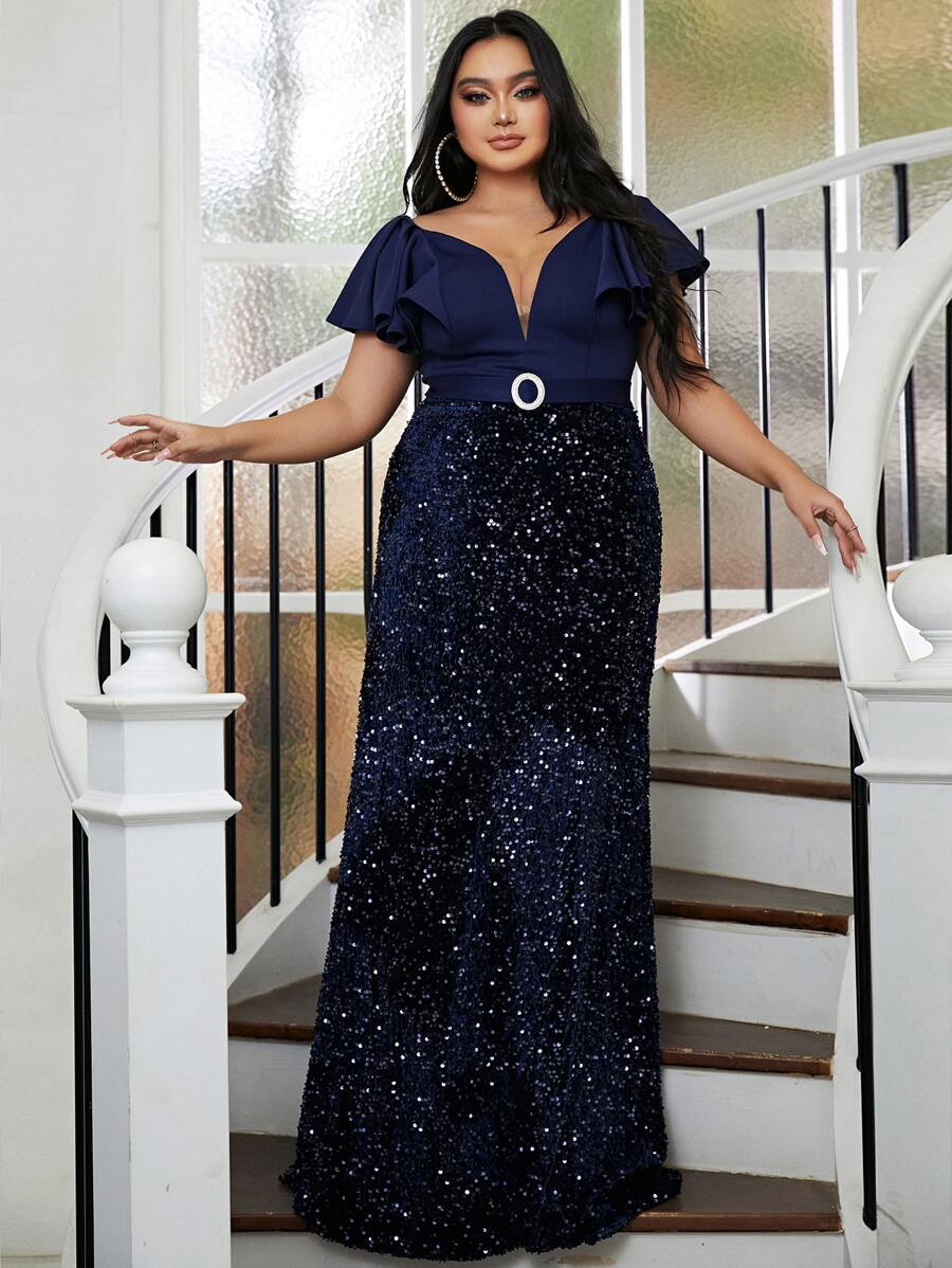 seomiscky Plus Mesh Butterfly Sleeve Sequin Formal Dress - Navy Blue - View 1