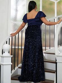 seomiscky Plus Mesh Butterfly Sleeve Sequin Formal Dress - Navy Blue - View 2