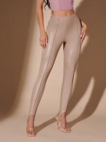 SHEIN BAE Seam Front PU Leather Pants - Khaki - View 1