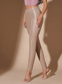 SHEIN BAE Seam Front PU Leather Pants - Khaki - View 3