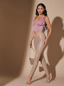 SHEIN BAE Seam Front PU Leather Pants - Khaki - View 4