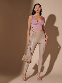 SHEIN BAE Seam Front PU Leather Pants - Khaki - View 5