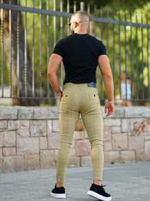 Men Plaid Skinny Trousers - Olive Green - View 2