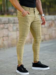 Men Plaid Skinny Trousers - Olive Green - View 3
