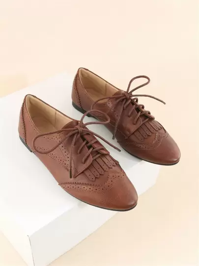 Fall/Winter Fringe & Wingtip Detail Lace-Up Front Flat Oxfords,Ballet Flats