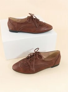 Giày Oxford đế bằng buộc dây phía trước, chi tiết tua rua và mũi nhọn, thích hợp cho mùa Thu/Đông. - Rỉ Nâu - Xem 5
