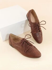 Giày Oxford đế bằng buộc dây phía trước, chi tiết tua rua và mũi nhọn, thích hợp cho mùa Thu/Đông. - Rỉ Nâu - Xem 6