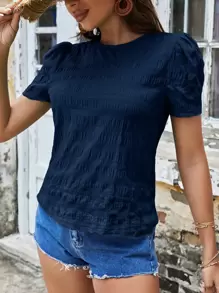 SHEIN VCAY Textured Solid Puff Sleeve Blouse