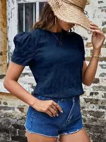 SHEIN VCAY Textured Solid Puff Sleeve Blouse