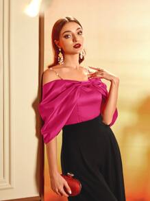 Modelyn Top de hombros descubiertos de manga fruncido de satén - Rosa Fucsia - Ver 1