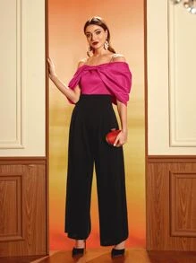 Modelyn Top de hombros descubiertos de manga fruncido de satén - Rosa Fucsia - Ver 4