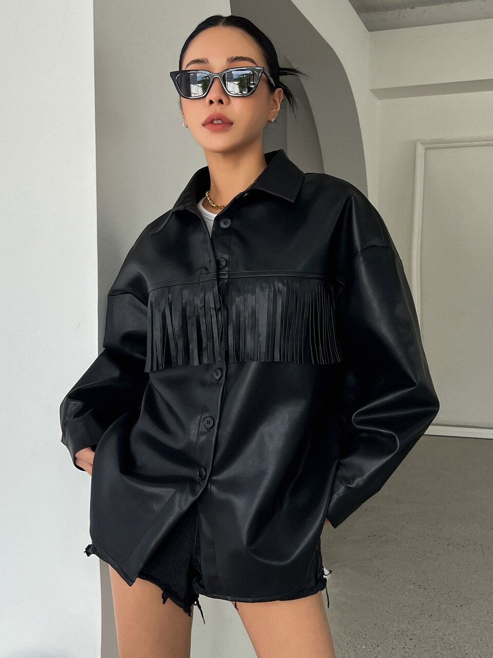 Fringe Trim Drop Shoulder PU Coat