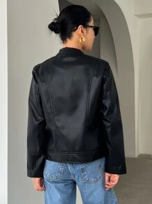 DAZY Zip Up PU Leather Jacket - Black - View 2