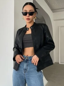 DAZY Zip Up PU Leather Jacket - Black - View 6