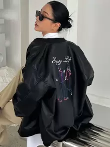 DAZY Letter & Figure Graphic Drop Shoulder PU Bomber Jacket - Black - View 1