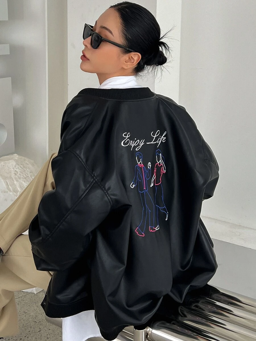 DAZY Letter & Figure Graphic Drop Shoulder PU Bomber Jacket - Black - View 1