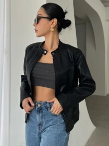 DAZY Zip Up PU Leather Jacket - Black - View 7