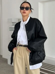 DAZY Letter & Figure Graphic Drop Shoulder PU Bomber Jacket - Black - View 2