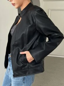 DAZY Zip Up PU Leather Jacket - Black - View 8