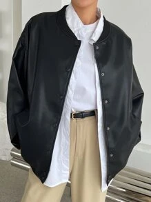 DAZY Letter & Figure Graphic Drop Shoulder PU Bomber Jacket - Black - View 3