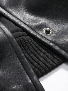 DAZY Letter & Figure Graphic Drop Shoulder PU Bomber Jacket - Black - View 4