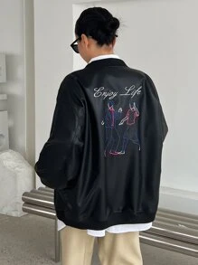 DAZY Letter & Figure Graphic Drop Shoulder PU Bomber Jacket - Black - View 6
