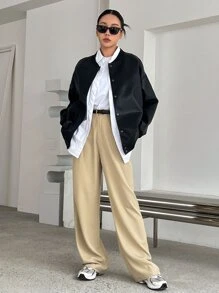 DAZY Letter & Figure Graphic Drop Shoulder PU Bomber Jacket - Black - View 7