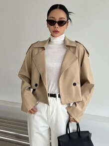 DAZY Raglan Sleeve Double Breasted Trench Coat - Khaki - View 5