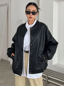 DAZY Letter & Figure Graphic Drop Shoulder PU Bomber Jacket - Black - View 8