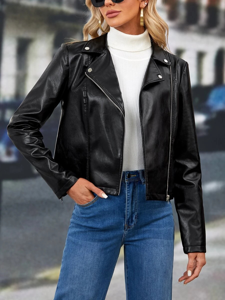 SHEIN Clasi Áo khoác da PU Moto có khóa kéo - màu đen - Xem 1