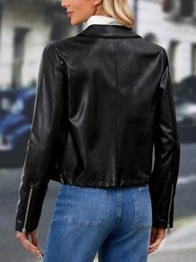 SHEIN Clasi Áo khoác da PU Moto có khóa kéo - màu đen - Xem 2