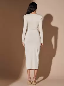 SHEIN BAE Cut Out Front Ruched Bodycon Dress - Beige - View 2