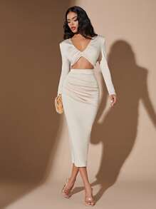 SHEIN BAE Cut Out Front Ruched Bodycon Dress - Beige - View 4