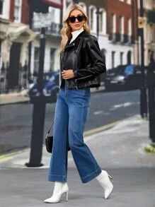 SHEIN Clasi Áo khoác da PU Moto có khóa kéo - màu đen - Xem 4