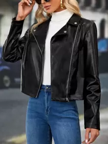 SHEIN Clasi Áo khoác da PU Moto có khóa kéo - màu đen - Xem 5