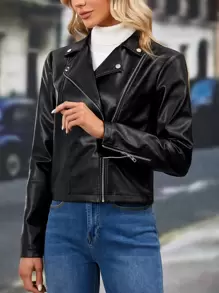 SHEIN Clasi Áo khoác da PU Moto có khóa kéo - màu đen - Xem 6