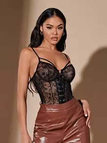 SHEIN BAE Grommet Lace Up Lace Cami Bodysuit - Black - View 1