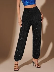 SHEIN BAE High Waist Sequin Jogger Trousers - Black - View 1
